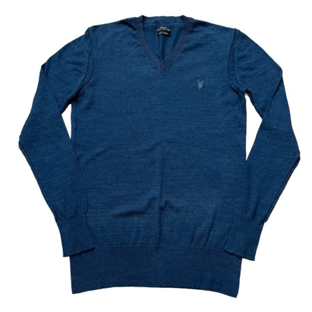 All Saints Fritz V Neck Sweater Jumper 100 Cotton Blue Size XS